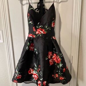 B. Smart Black and Red Floral Mini Dress